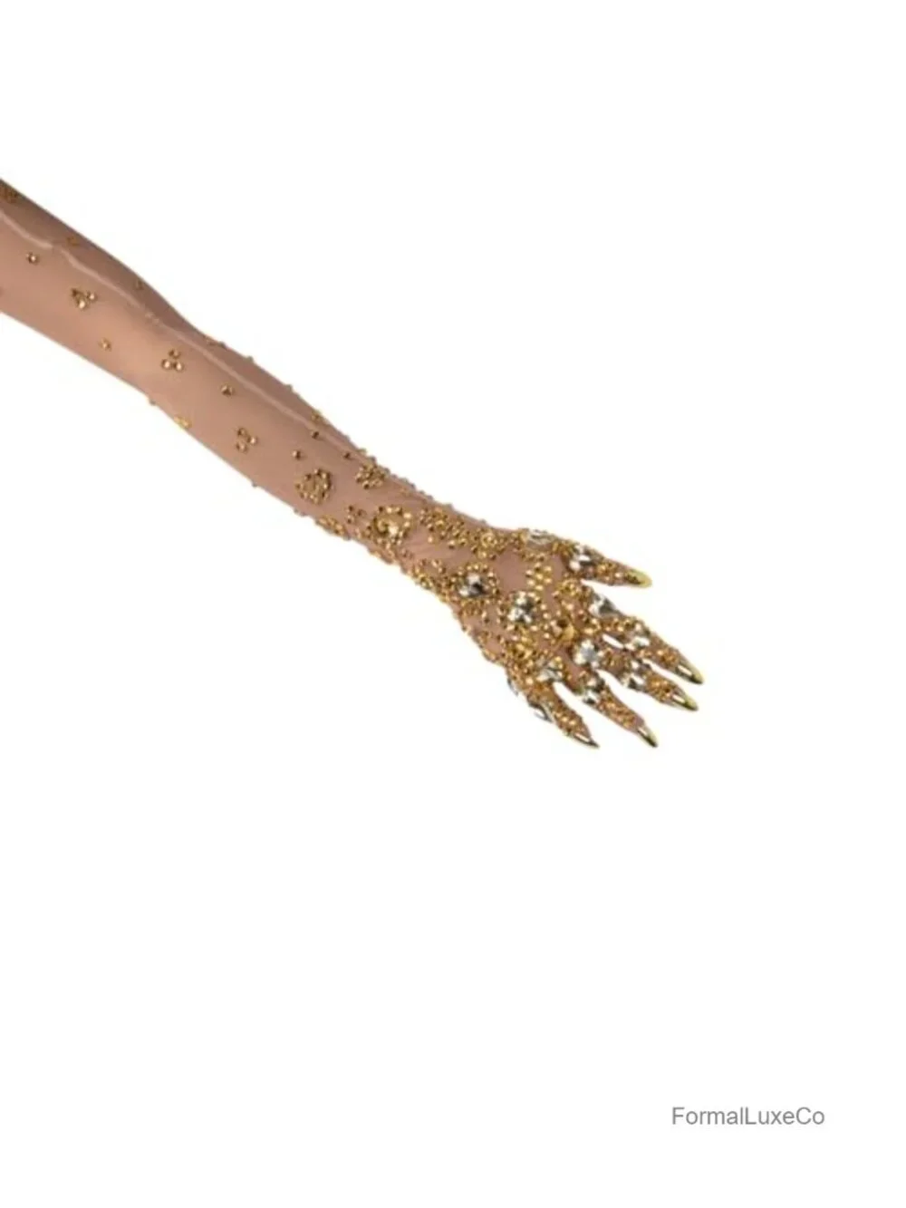 Rhinestone Gloves with Gold Crystal Embellished Nude Mesh Built-in Nail Tips